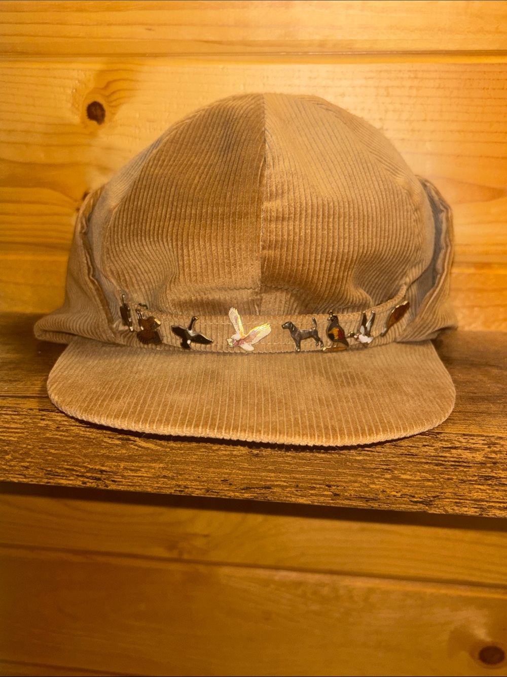 Vintage corduroy hunting hat with collectible pins